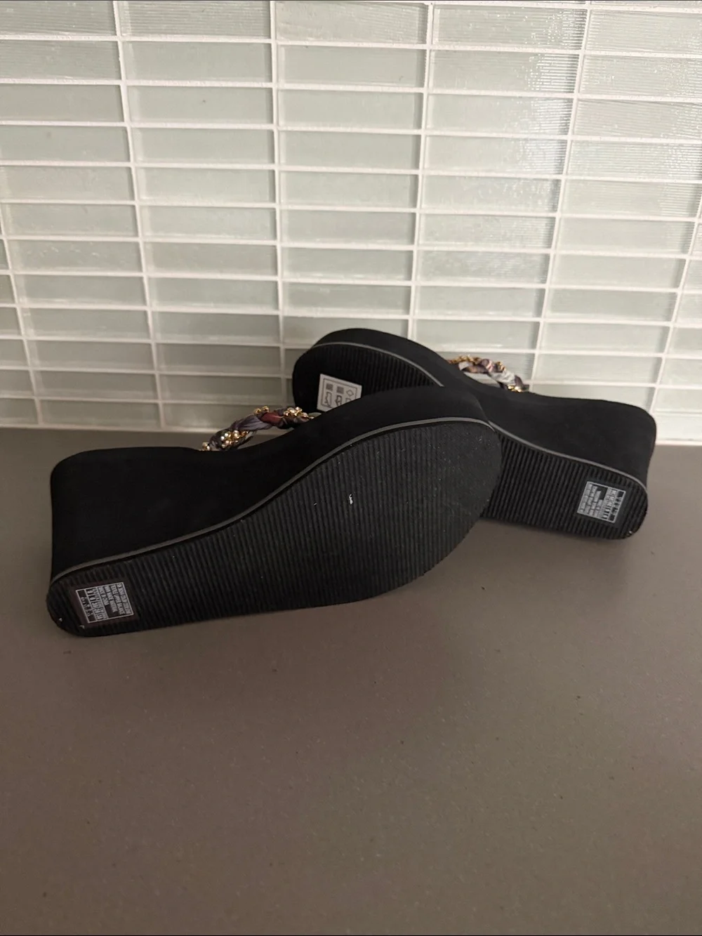Skechers Black Wedge Sandals with Braided Multi-Color Straps